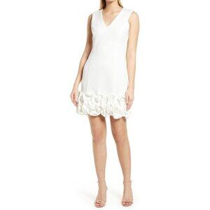 Donna Ricco white dress 6 S small v neck shift scuba ruffle hem spring easter
